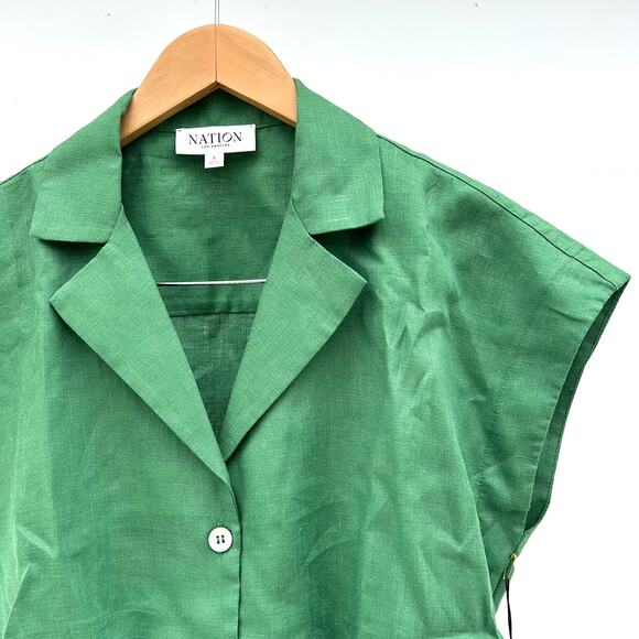 New Nation Ltd Los Angeles Noemi Tie Top Linen Crop Lawn Green Small Blouse - Picture 6 of 11